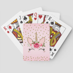 Gouden Glitter & Roze Bloem Eenhoorn Trendy Cute Pokerkaarten