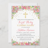 Gouden Glitter Roze Bloem Eerste Heilige Communie Kaart (Voorkant)