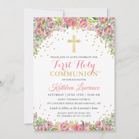Gouden Glitter Roze Bloem Eerste Heilige Communie Kaart (Voorkant)