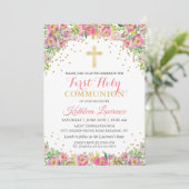 Gouden Glitter Roze Bloem Eerste Heilige Communie Kaart (Staand voorkant)
