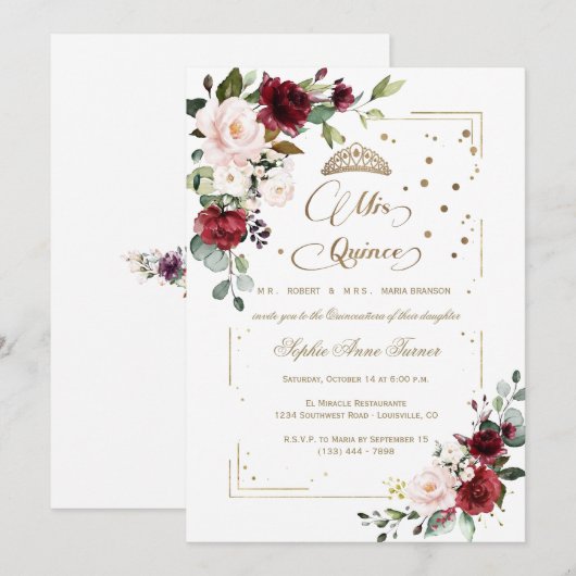 Gouden glitter Roze Bloem Mis Quince Quinceañera Kaart (Voorkant / Achterkant)