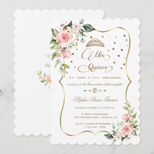 Gouden glitter Roze bloem Mis Quince Quinceañera  Kaart (Voorkant / Achterkant)