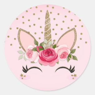 Gouden glitter & roze bloem unicorn verjaardagsfee ronde sticker