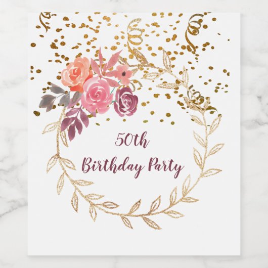 Gouden Glitter Roze Bloemen 50ste Verjaardagsfeest Wijn Etiket (Enkel label)