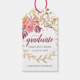 Gouden Glitter Roze Bloemen Afstuderen Cadeaulabel