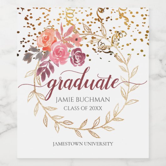 Gouden Glitter Roze Bloemen Afstuderen Wijn Etiket (Enkel label)