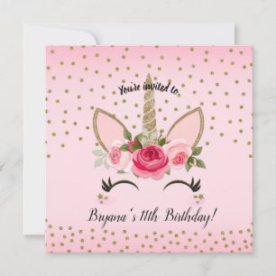 Gouden glitter & roze bloemen eenhoorn verjaardags kaart