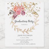 Gouden Glitter Roze Bloemen op Wit Graduation Part Wijn Etiket (Enkel label)