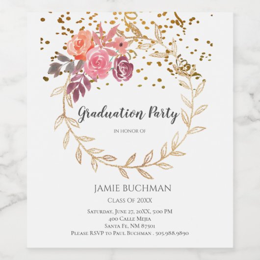 Gouden Glitter Roze Bloemen op Wit Graduation Part Wijn Etiket (Enkel label)