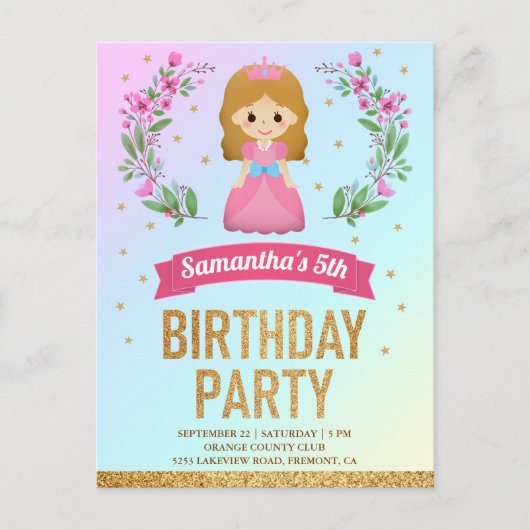 Gouden Glitter Roze Bloemen Prinses Verjaardagsfee Uitnodiging Briefkaart (Voorkant)