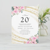 Gouden Glitter Roze Bloemen Twintigste Verjaardag Kaart (Staand voorkant)