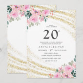 Gouden Glitter Roze Bloemen Twintigste Verjaardag Kaart (Voorkant / Achterkant)