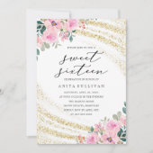Gouden Glitter Roze Bloemen Zoet Zestien 16 Verjaa Kaart (Voorkant)