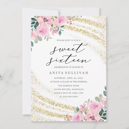 Gouden Glitter Roze Bloemen Zoet Zestien 16 Verjaa Kaart (Voorkant)