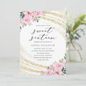 Gouden Glitter Roze Bloemen Zoet Zestien 16 Verjaa Kaart (Staand voorkant)