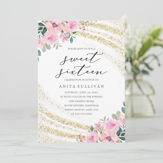 Gouden Glitter Roze Bloemen Zoet Zestien 16 Verjaa Kaart (Staand voorkant)
