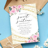 Gouden Glitter Roze Bloemen Zoet Zestien 16 Verjaa Kaart