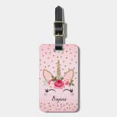 Gouden glitter & roze bloemeneenhoorn trendy Schat Bagagelabel (Voorkant verticaal)