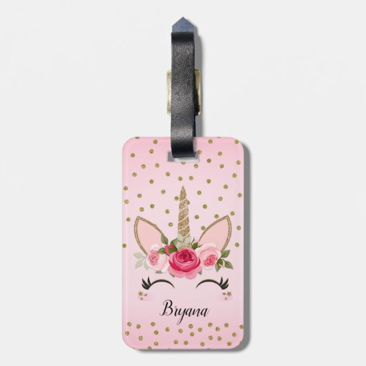 Gouden glitter & roze bloemeneenhoorn trendy Schat Bagagelabel (Achterkant verticaal)
