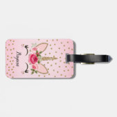 Gouden glitter & roze bloemeneenhoorn trendy Schat Bagagelabel (Achterkant horizontaal)