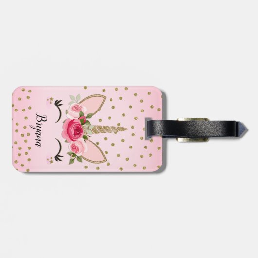 Gouden glitter & roze bloemeneenhoorn trendy Schat Bagagelabel (Achterkant horizontaal)