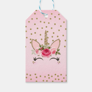 Gouden glitter & roze bloemensierlijke eenhoorn ve cadeaulabel