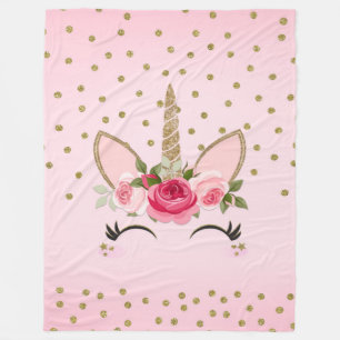 Gouden Glitter & Roze Bloemige Eenhoorn Trendy Fleece Deken