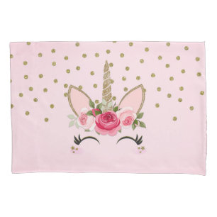 Gouden Glitter & Roze Bloemige Eenhoorn Trendy Kussensloop