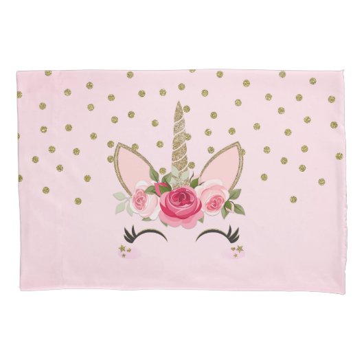 Gouden Glitter & Roze Bloemige Eenhoorn Trendy Kussensloop (Voorkant)