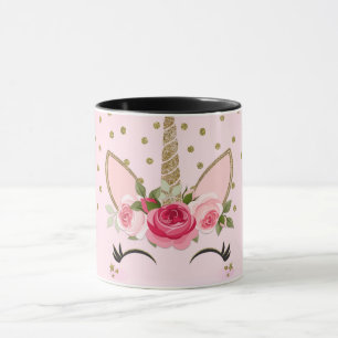 Gouden Glitter & Roze Bloemige Eenhoorn Trendy Mok
