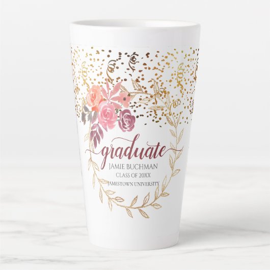 Gouden Glitter Roze Blush Marsala Bloemen Afstuder Latte Mok (Voorkant)