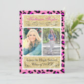 Gouden Glitter Roze Cheetah Grad Aankondiging (Staand voorkant)