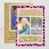 Gouden Glitter Roze Cheetah Grad Aankondiging (Voorkant / Achterkant)
