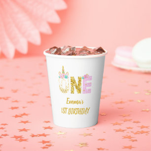 Gouden Glitter Roze Eenhoorn 1e Verjaardag Papieren Bekers
