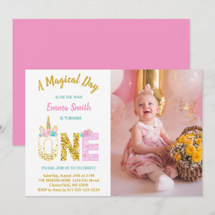 Gouden glitter roze eenhoorn 1e verjaardagsfoto kaart