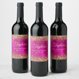 Gouden Glitter Roze Folie 21e Verjaardag Wijn Etiket