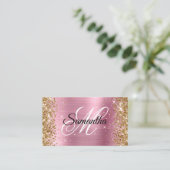 Gouden Glitter Roze Folie Fancy Monogram Visitekaartje (Staand voorkant)
