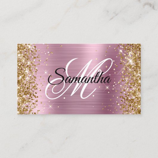 Gouden Glitter Roze Folie Fancy Monogram Visitekaartje (Voorkant)