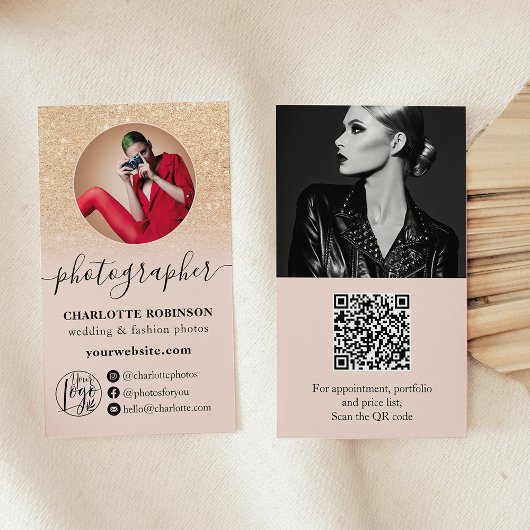 Gouden glitter roze foto qr code logo fotograaf visitekaartje