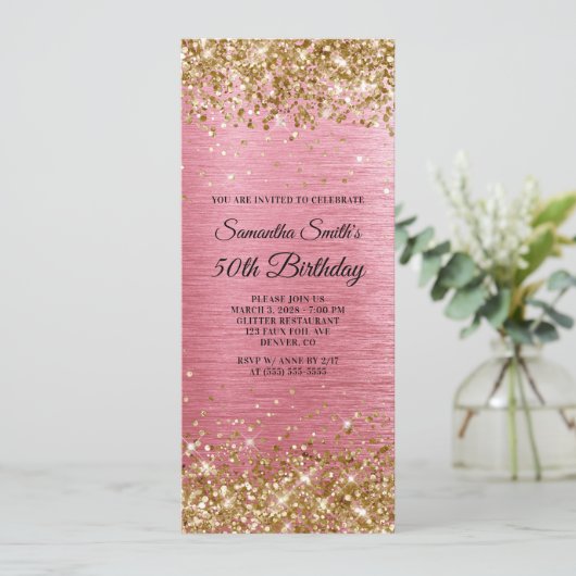 Gouden Glitter Roze Geborstelde Folie 50ste Verjaa Kaart (Staand voorkant)