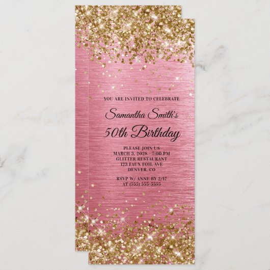 Gouden Glitter Roze Geborstelde Folie 50ste Verjaa Kaart (Voorkant / Achterkant)