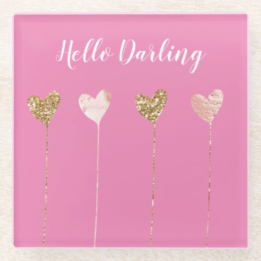 Gouden Glitter Roze Glam Hart Strings Glazen Onderzetter (Voorkant)