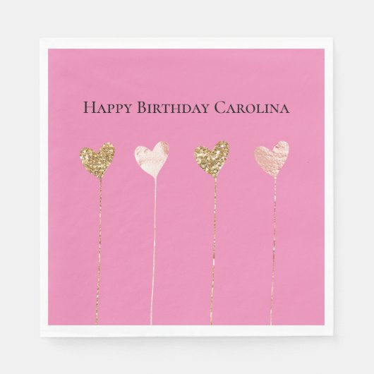 Gouden Glitter Roze Glam Hart Strings Verjaardag Servet (Voorkant)