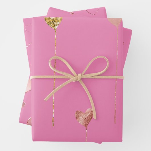Gouden Glitter Roze Glam Harten Strings Inpakpapier Vel (In situ)