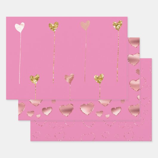 Gouden Glitter Roze Glam Harten Strings Inpakpapier Vel (Set)