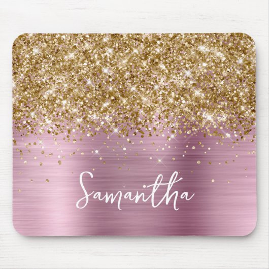 Gouden Glitter Roze Glam Naam Muismat (Voorkant)