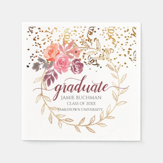 Gouden Glitter Roze Marsala Bloemen Afstuderen Par Servet (Voorkant)