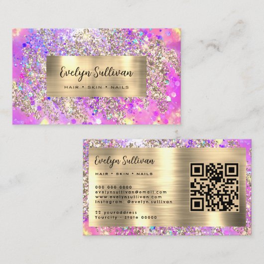 Gouden glitter roze opaal visitekaartje (Voorkant / Achterkant)