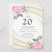 Gouden Glitter Roze Roos 20e Verjaardag Kaart (Voorkant)