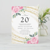 Gouden Glitter Roze Roos 20e Verjaardag Kaart (Staand voorkant)